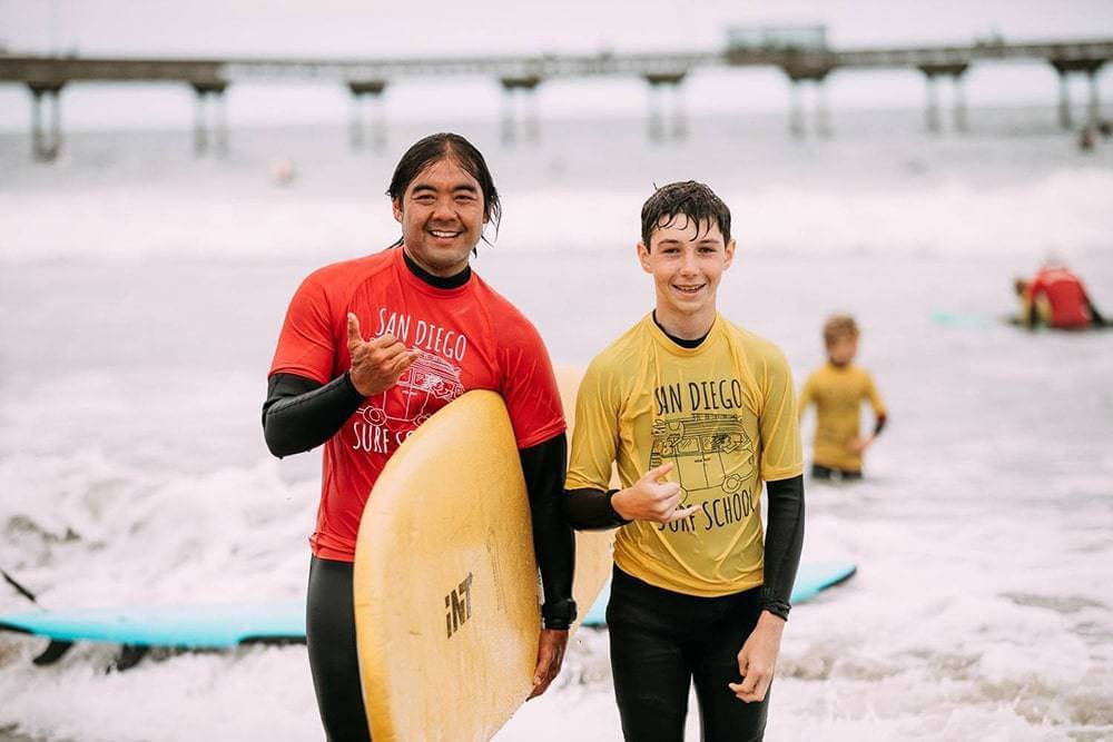 A surf instructor and a surf student standing in the shoreline throwing the shaka sign.