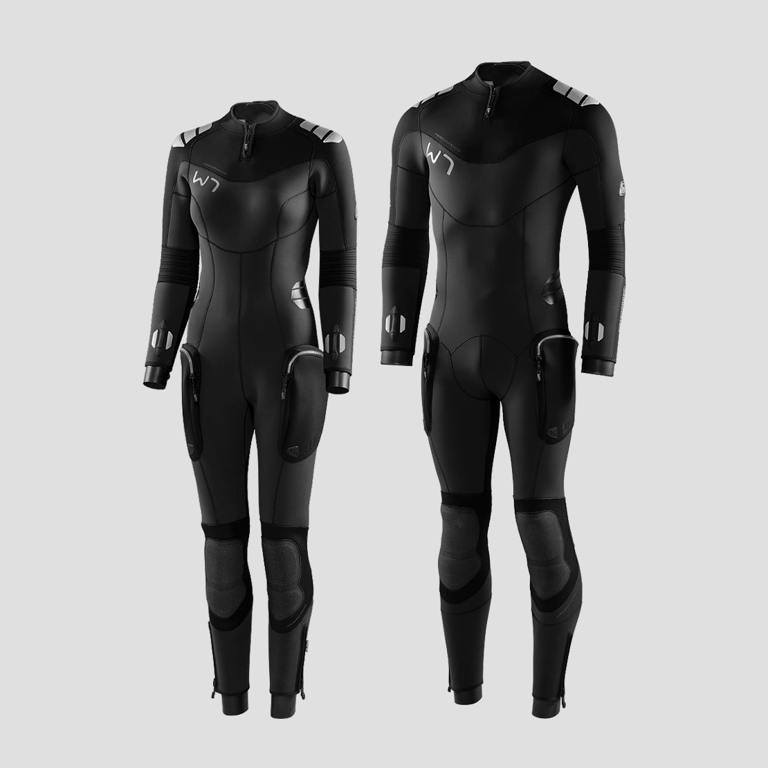 two wetsuits, one male one female