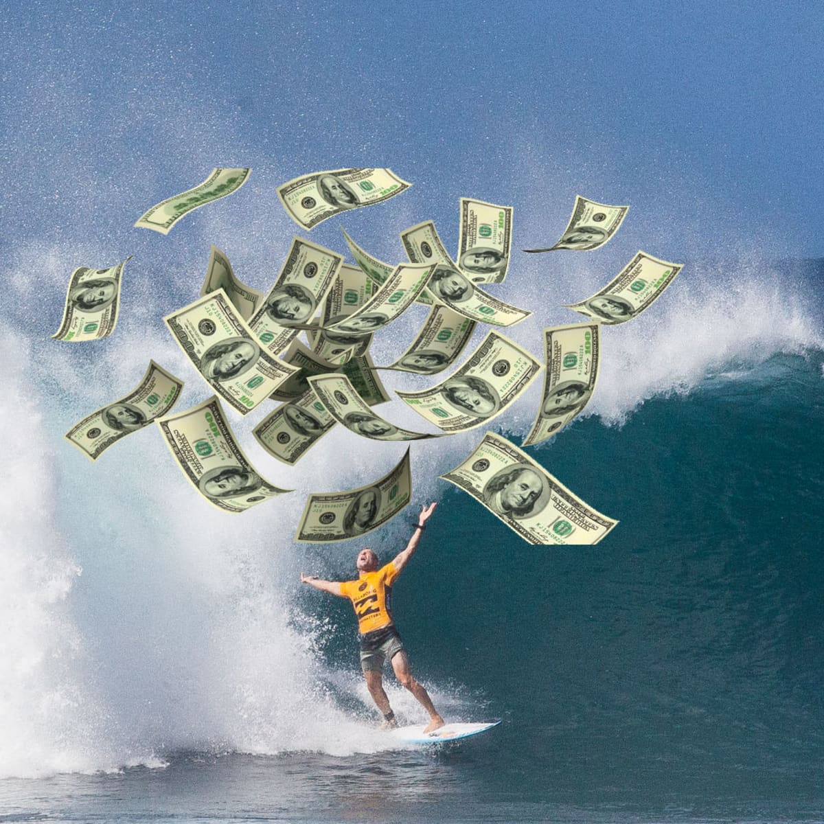 man surfing in breaking wave with dollar bills flying in the air cost of surfing